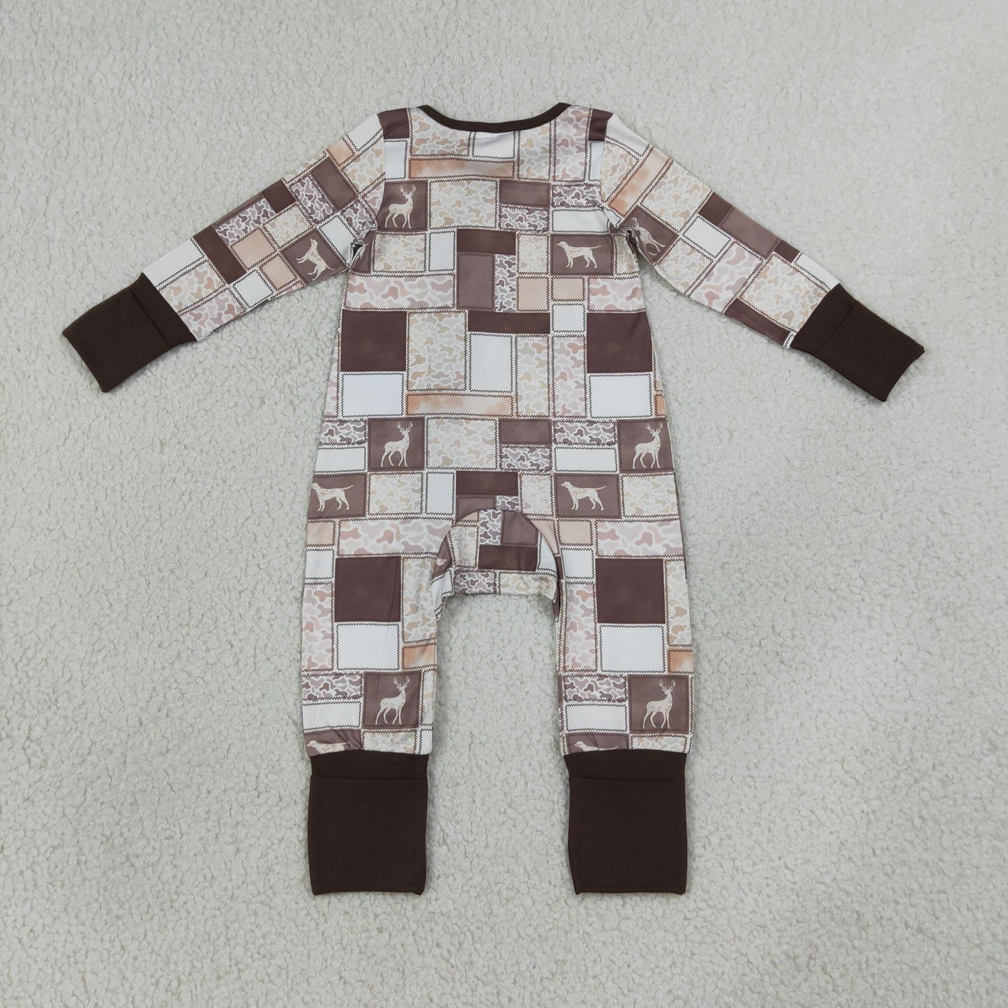 LR3118 Hunting Deer Dog Camo Zipper Long Sleeve Boys Romper