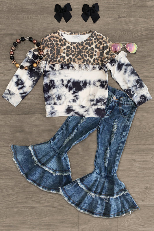 preorder Leopard Ink Pattern Long Sleeve Blue Ripped Denim Pants Girls Set