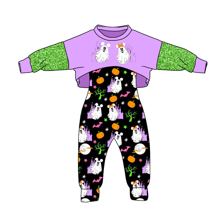 custom S 8.4 Halloween spooky purple long sleeve pumpkin jumpsuits girls set