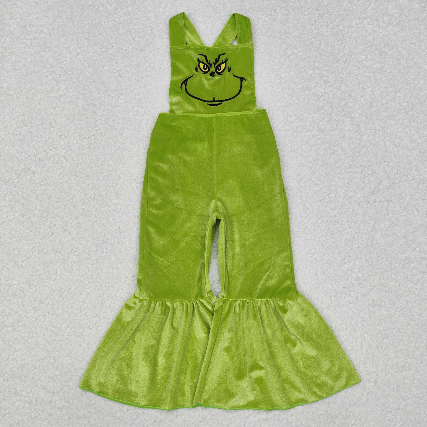 embroidery SR2013 Christmas green face green velvet girls jumpsuits
