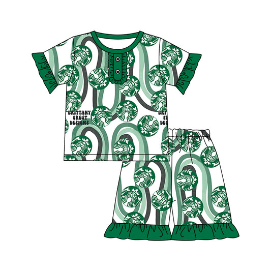 Preorder Coffee Green Short Sleeve Ruffles Shorts Girls Set