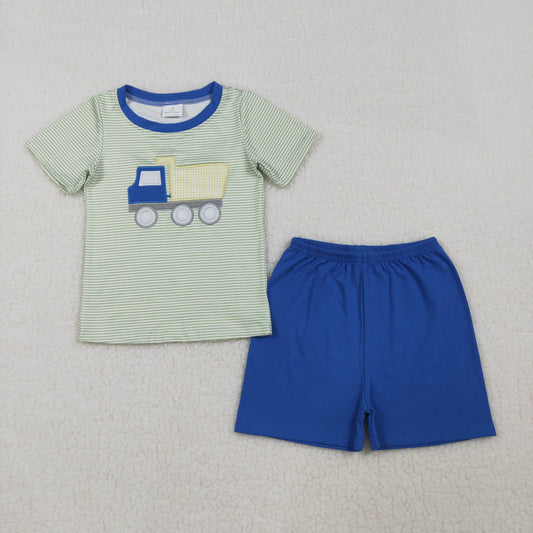 Embroidery BSSO1833 Contruction Truck Green Striped Short Sleeve Blue Shorts Boys Set