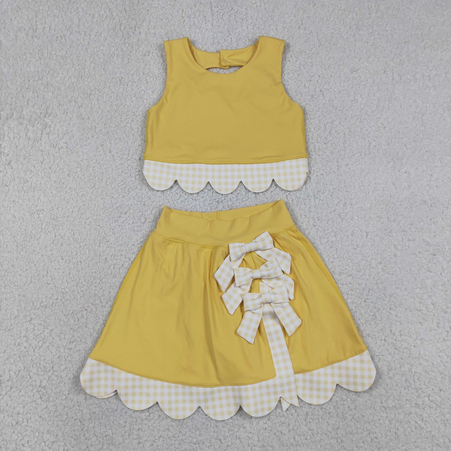 GSD3324 Yoga Solid Color Yellow Sleeveless Bows Skorts Girls Set