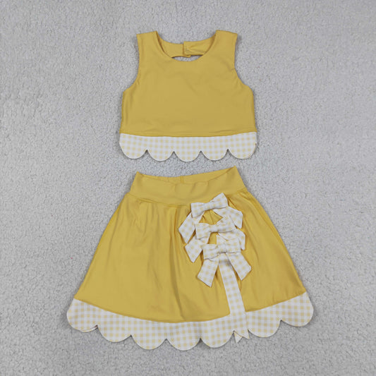 GSD3324 Yoga Solid Color Yellow Sleeveless Bows Skorts Girls Set
