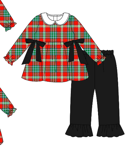 custom moq 3 Christmas green red checkered bows long sleeve black pants girls set