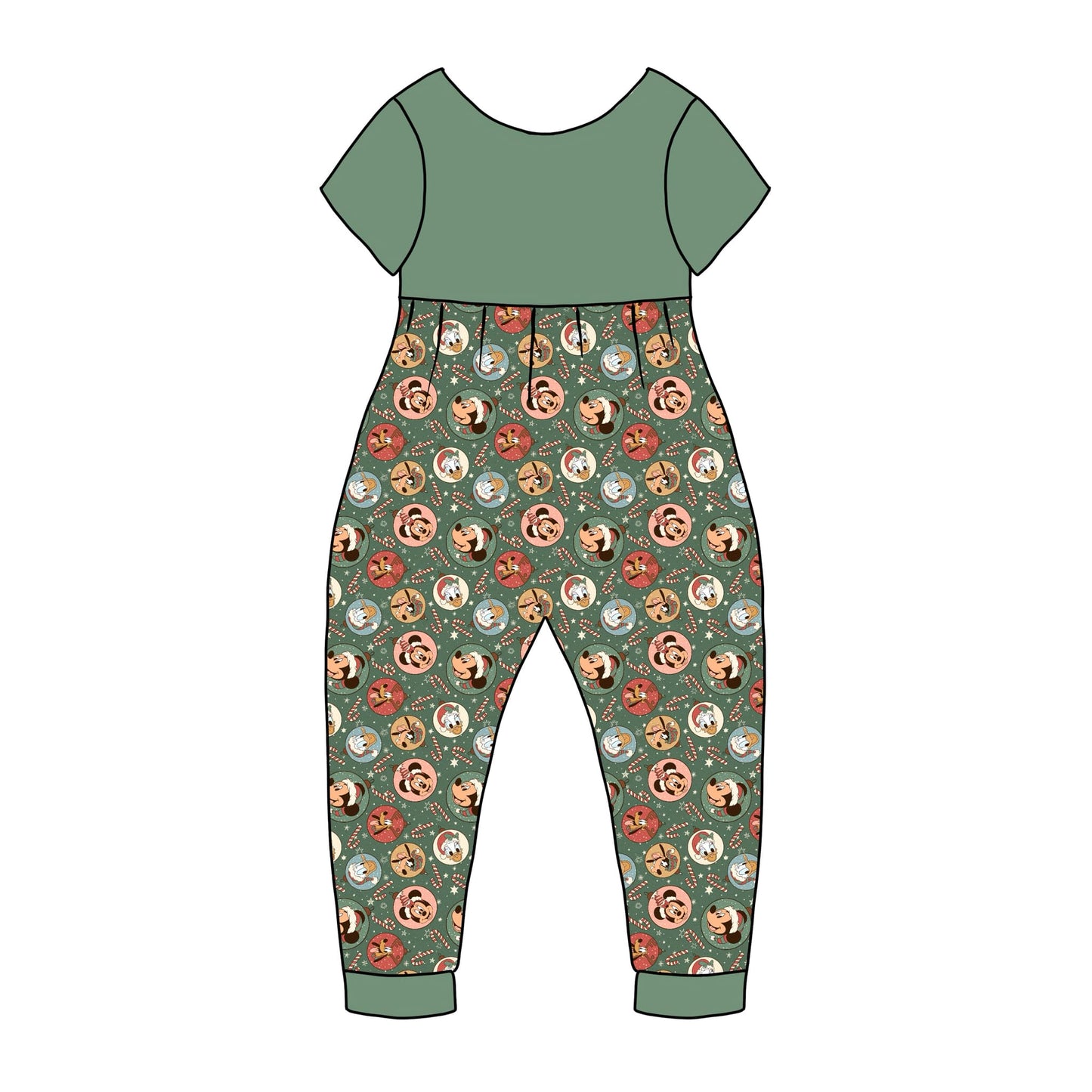 custom style Christmas cartoon animals green short sleeve girls jumpsuits