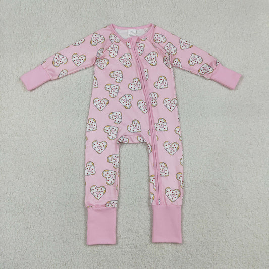 LR2960 Valentine's Day Heart Pink Zipper Long Sleeve Girls Romper