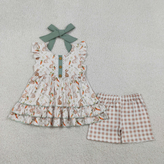 GSSO2980 Easter Bunny Rabbit Carrot Flutter Sleeve Checkered Shorts Girls Set