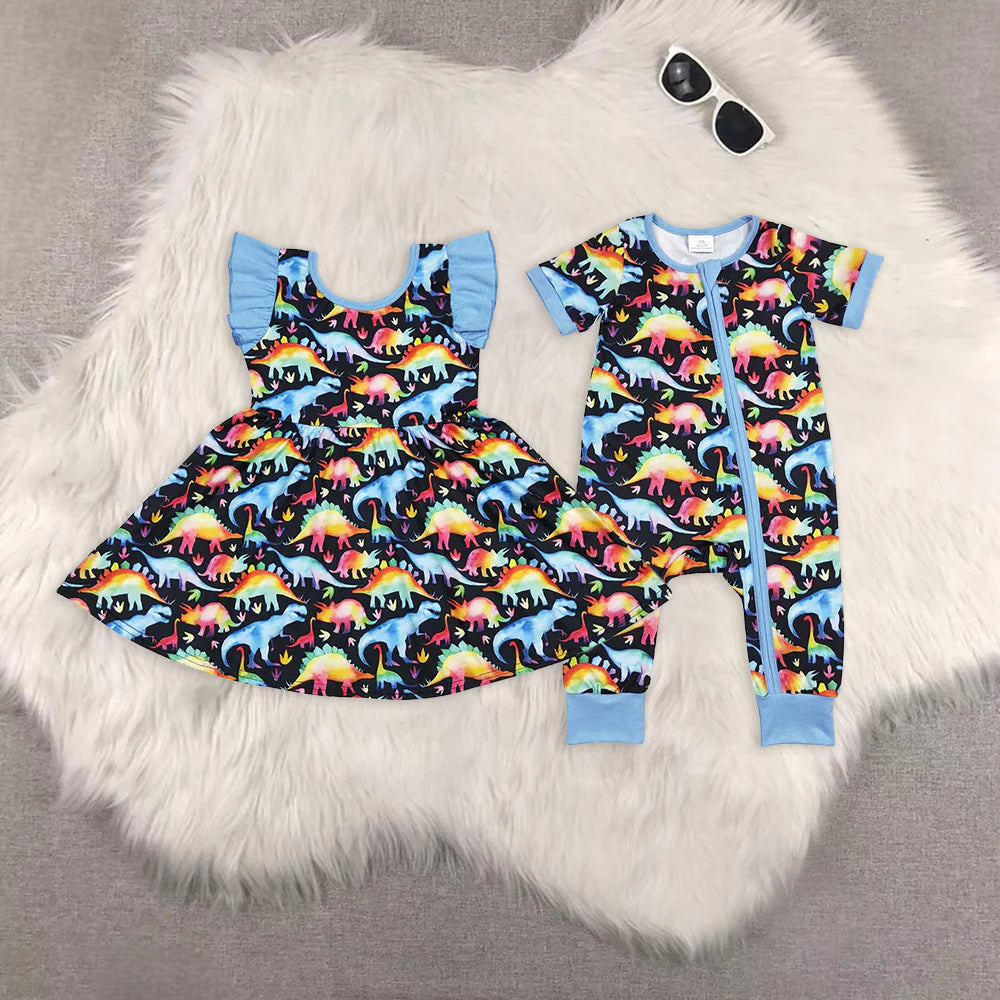 dinosaur blue dress/romper Sibling Clothes RTS