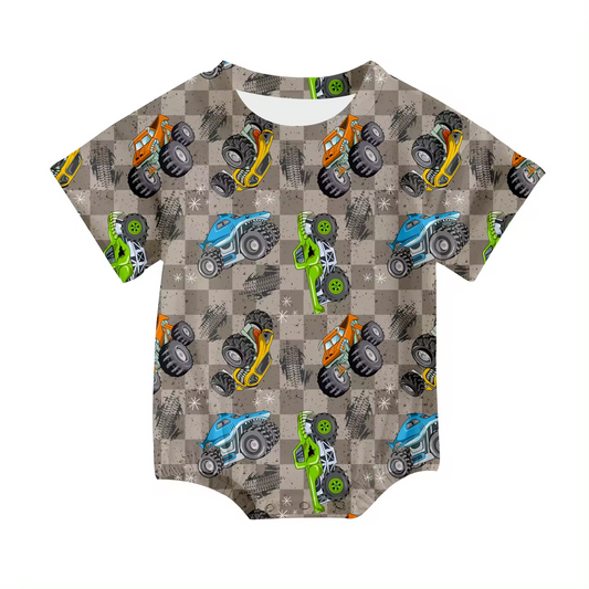 Custom mountain car grey checkered short sleeve baby romper
