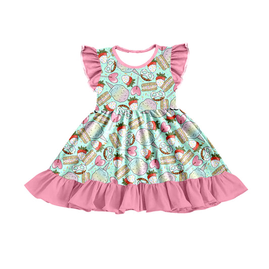Preorder Heart candy Strawberry Cake Flutter Sleeve Girls Dress