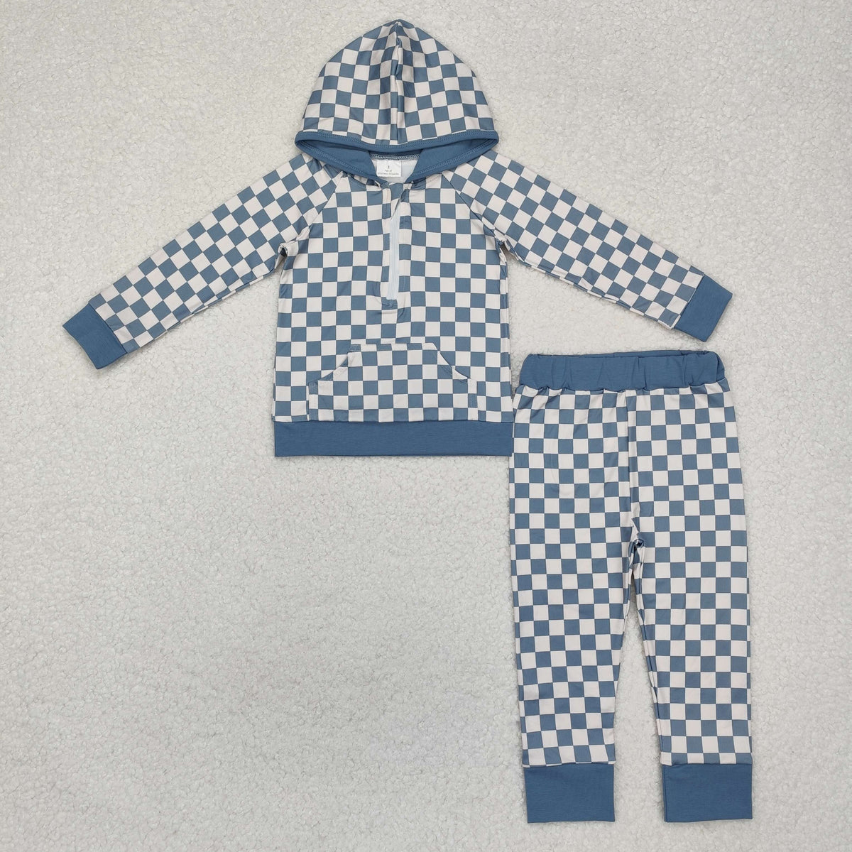 BLP0951 blue checkered hoodie long sleeve pants boys set