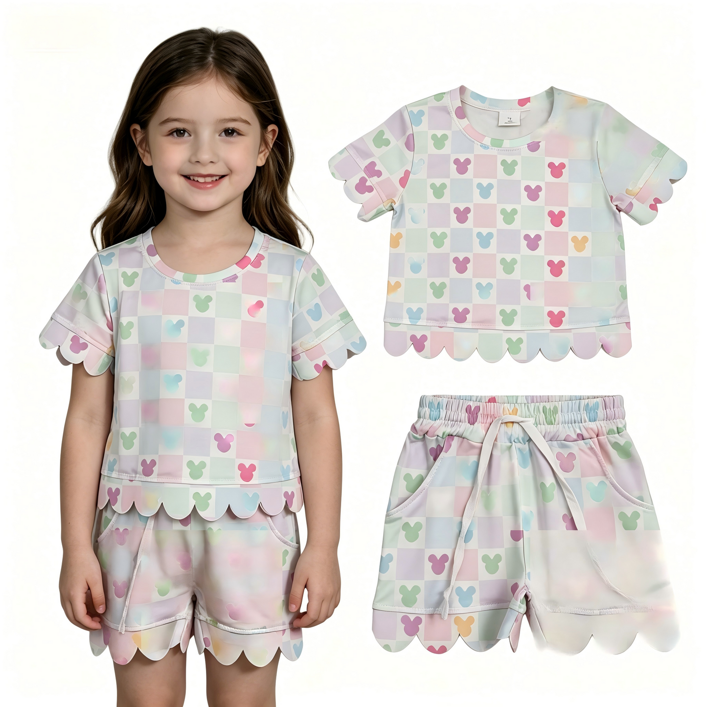 GSSO3496 Scallop Cartoon M Colorful Checkered Short Sleeve Shorts Girls Set