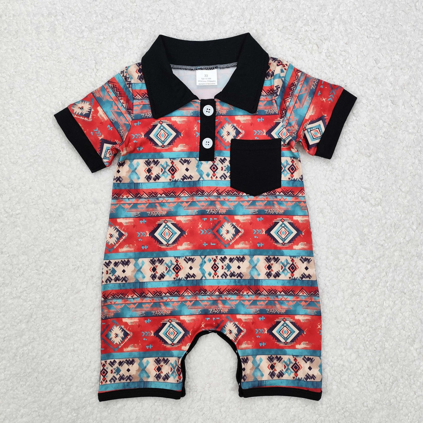 SR2320 Western Aztec pocket red blue short sleeve boys romper