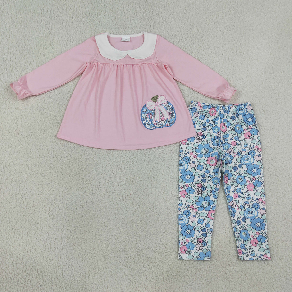 Embroidery GLP3319 Autumn Pumpkin Pink Long Sleeve Blue Flowers Pants Girls Set