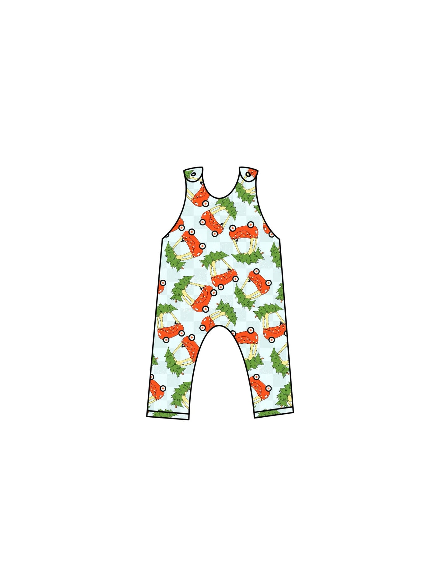 custom Christmas tree cartoon car blue checkered boys romper