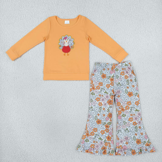 Embroidery GLP3563 Thanksgiving Turkey Long Sleeve Pants Girls Set