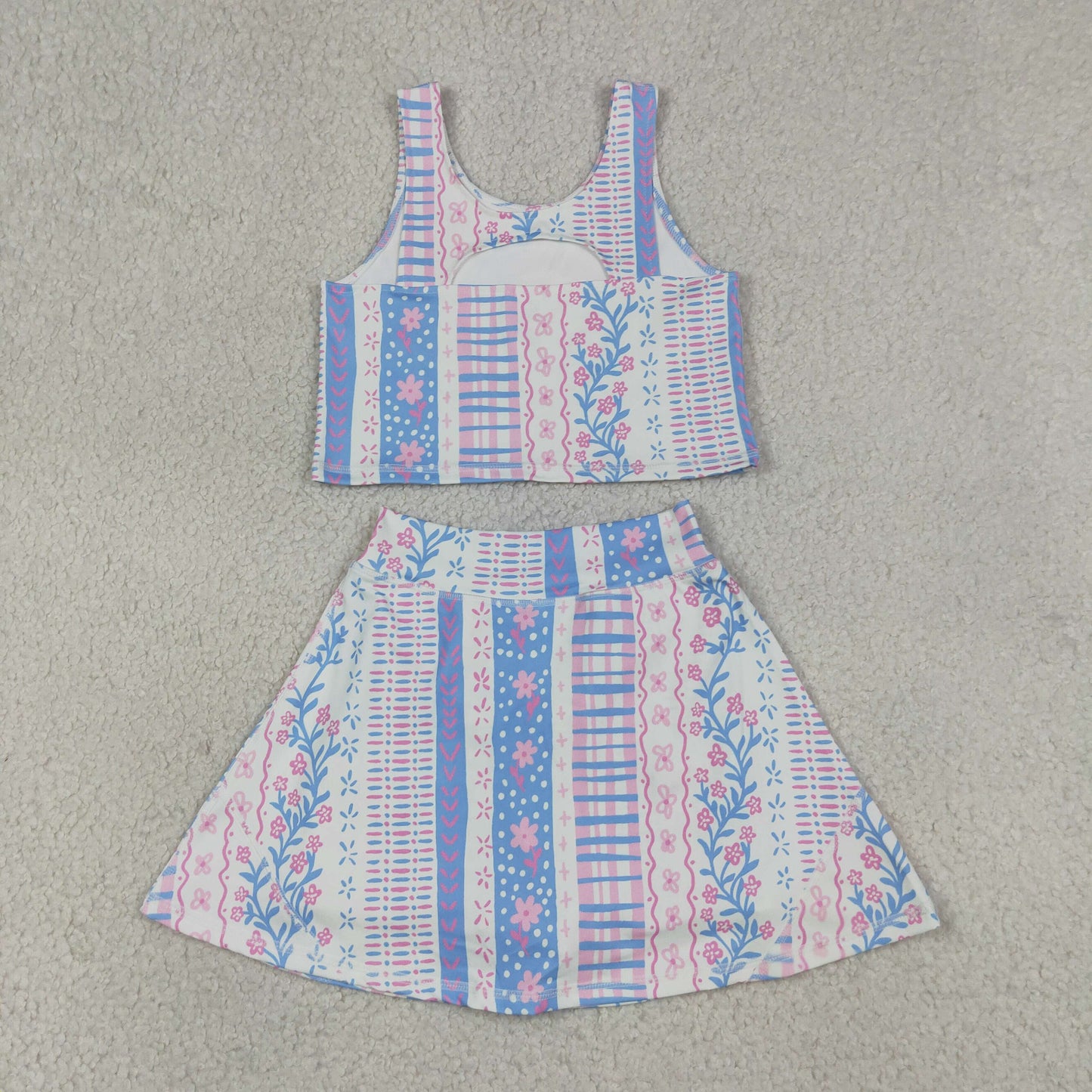 GSD1995 yoga pink flowers blue flowers sleeveless skirt with shorts girls set
