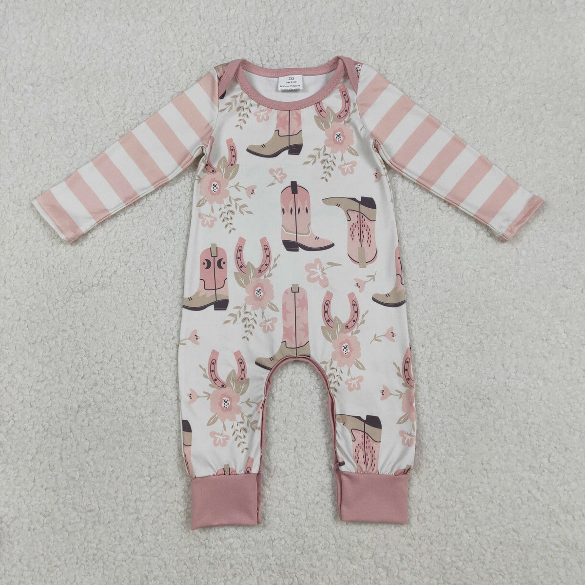 LR2976 Western Boots Flowers Pink Long Sleeve Girls Romper