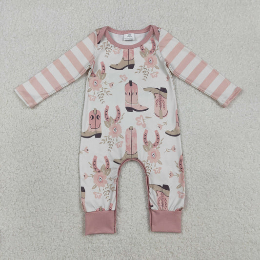LR2976 Western Boots Flowers Pink Long Sleeve Girls Romper