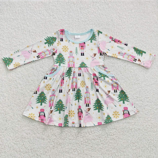 GLD0245 Christmas Tree Soldier Cartoon Long Sleeves Girls Dress