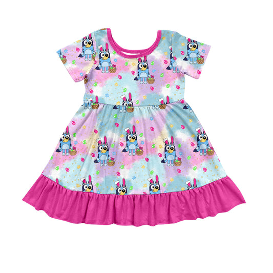 custom Cartoon dog purple short sleeve girls dress