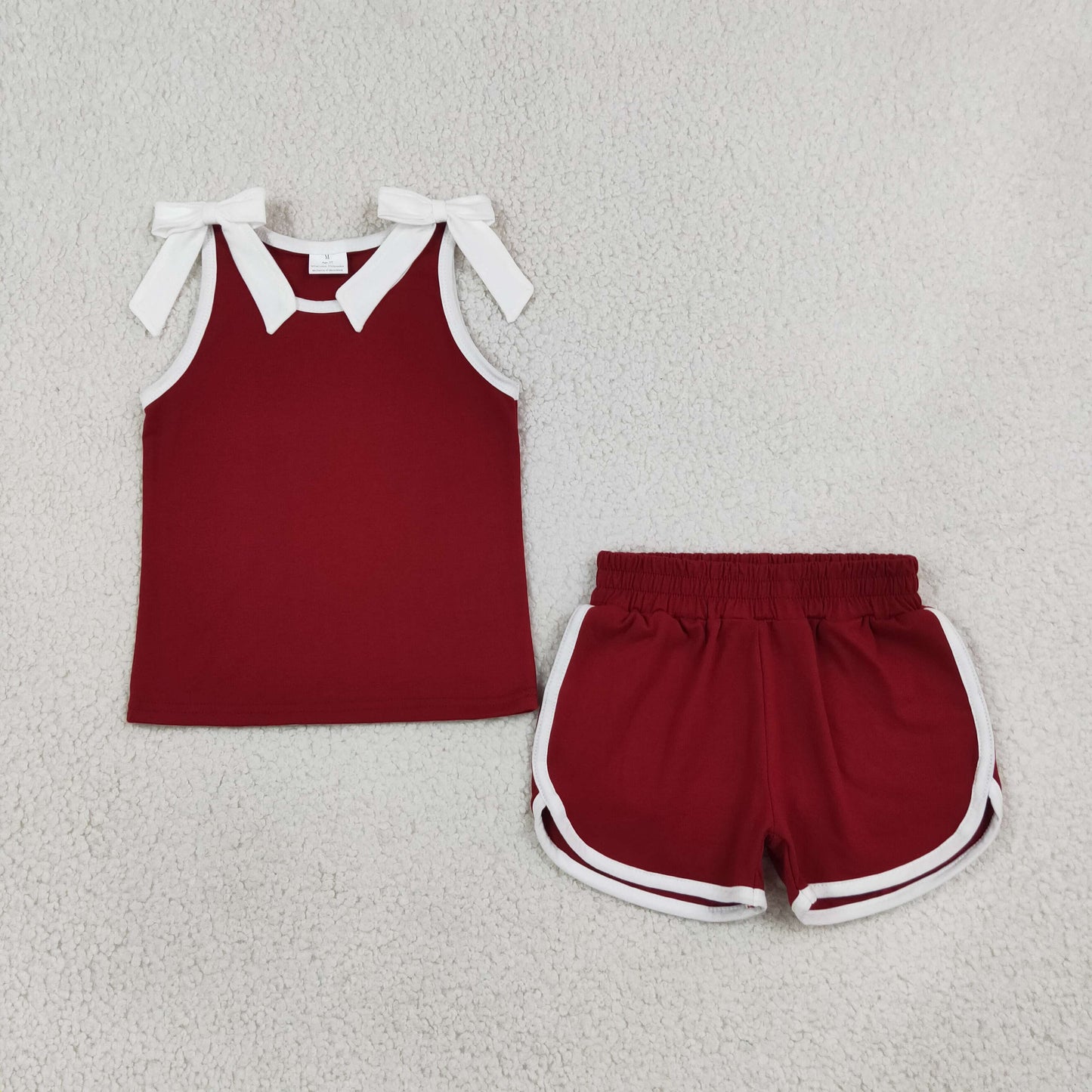 GSSO3855 Cotton Maroon Bows Sleeveless Shorts Girls Set