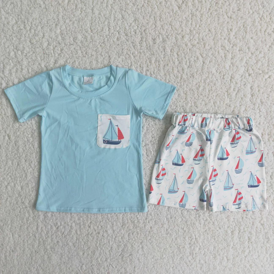 A13-12 Blue Pocket Short Sleeves Sailing Shorts Boys Summer Set