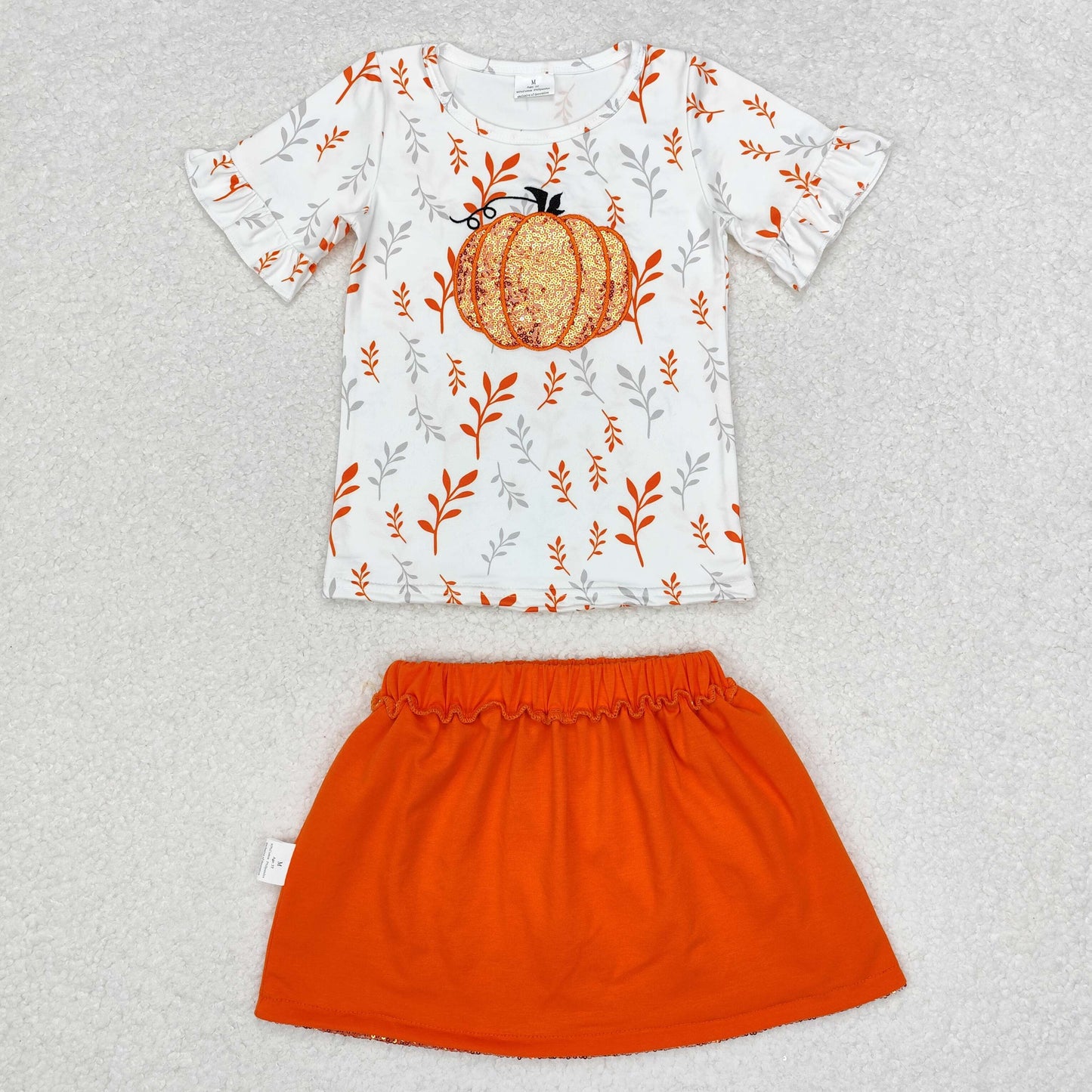 embroidery GSD1437 Autumn fall pumpkin short sleeve orange sequin skirt girls set