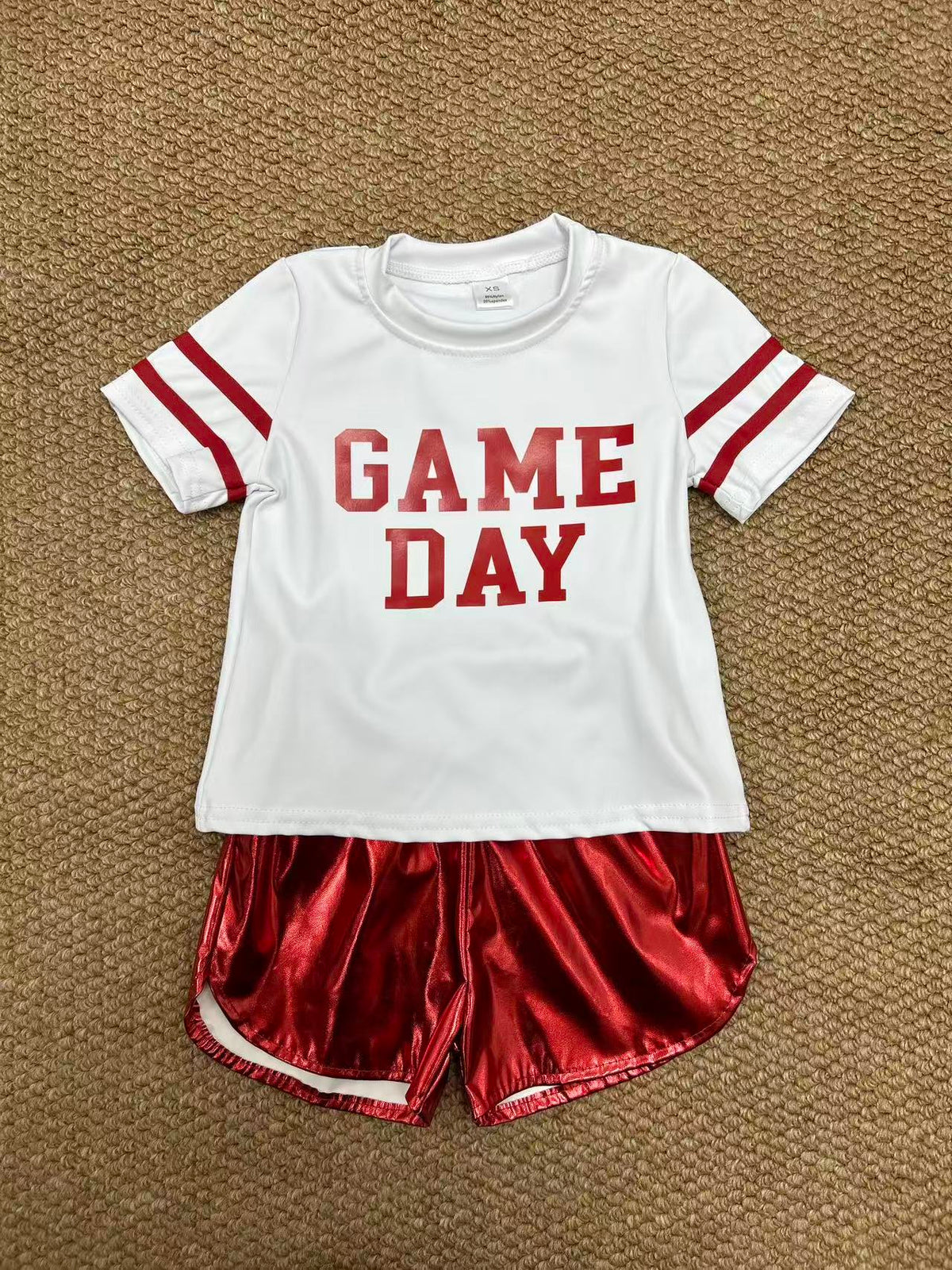 yoga screen print game day red short sleeve red leather shorts girls set