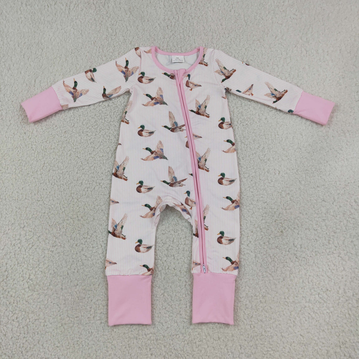 LR3218 Mallard Duck Pink Zipper Long Sleeve Girls Romper