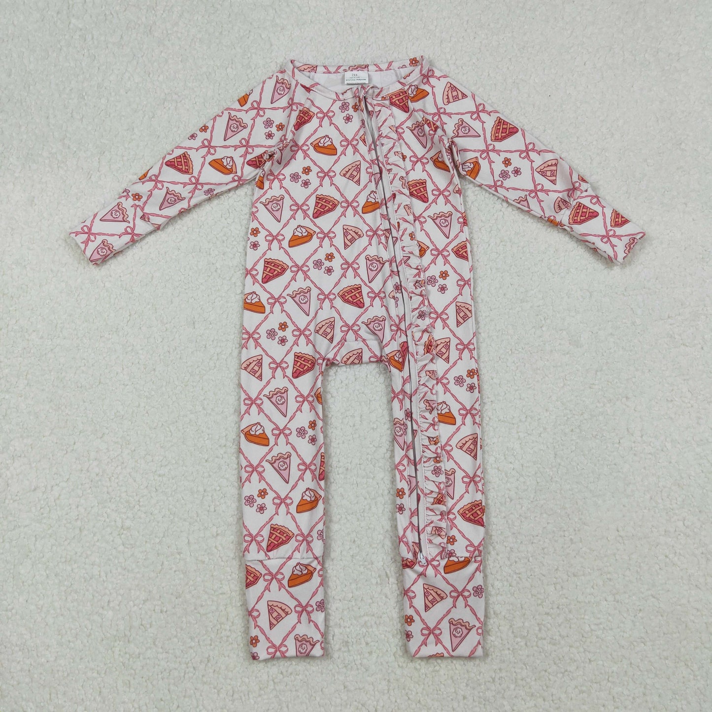 LR2594 thanksgiving pie bows long sleeve zipper girls romper