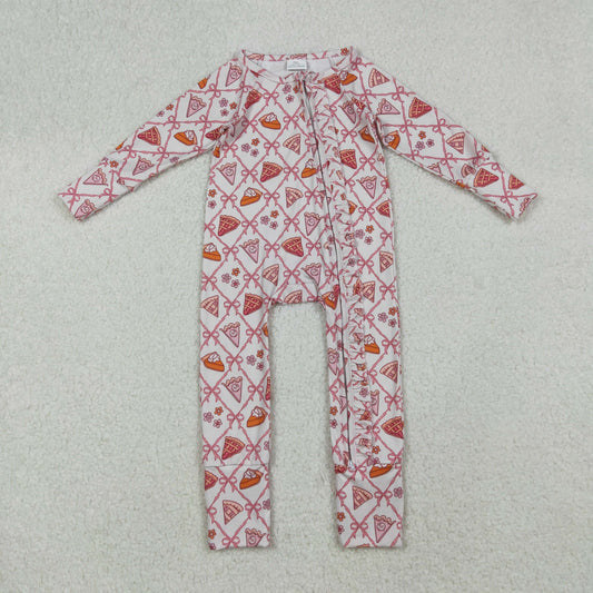 LR2594 thanksgiving pie bows long sleeve zipper girls romper