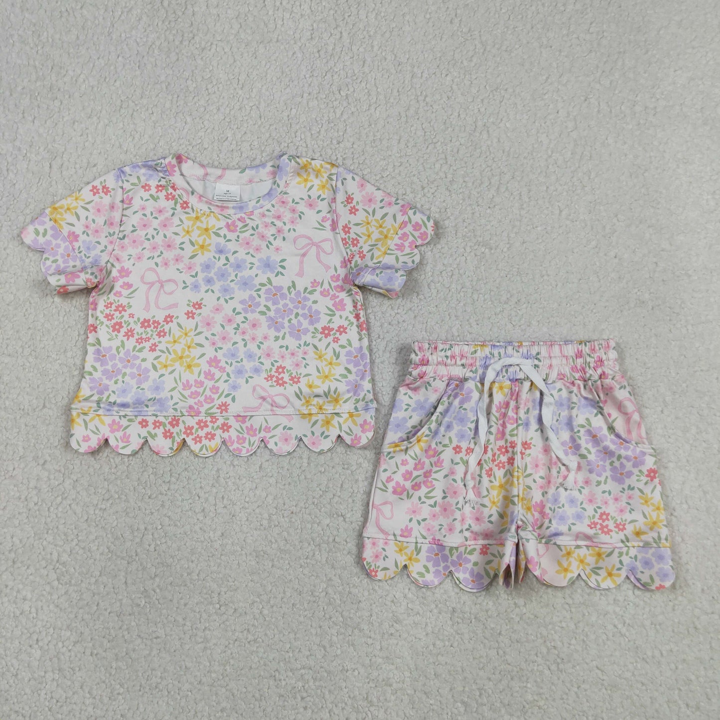 GSSO3270 Scallop Pink Bows Flowers Short Sleeve Shorts Girls Set