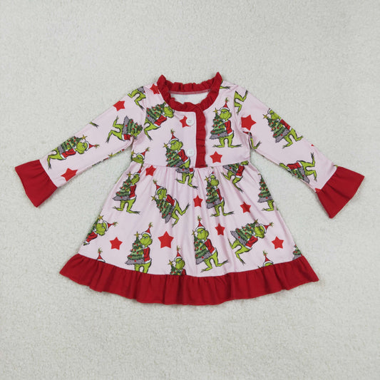 GLD1236 Christmas green face face red star pink long sleeve girls dress