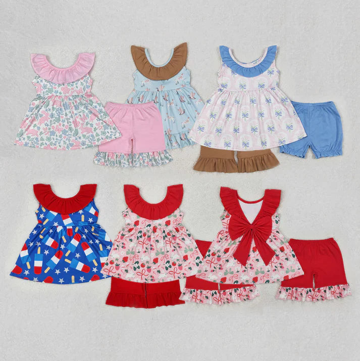 cute flowers with bow Summer girls set RTS sibling clothes