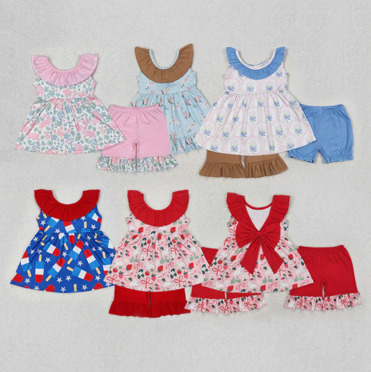 cute flowers with bow Summer girls set RTS sibling clothes