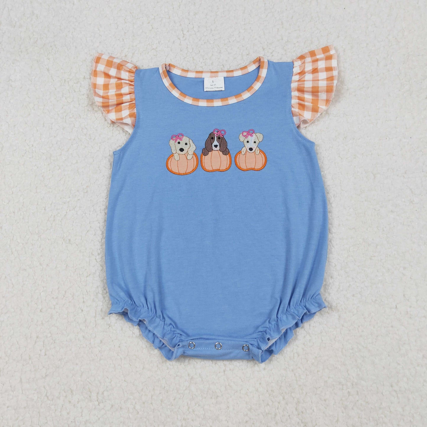 embroidery SR3191 Autumn pumpkin dog blue flutter sleeve girls romper