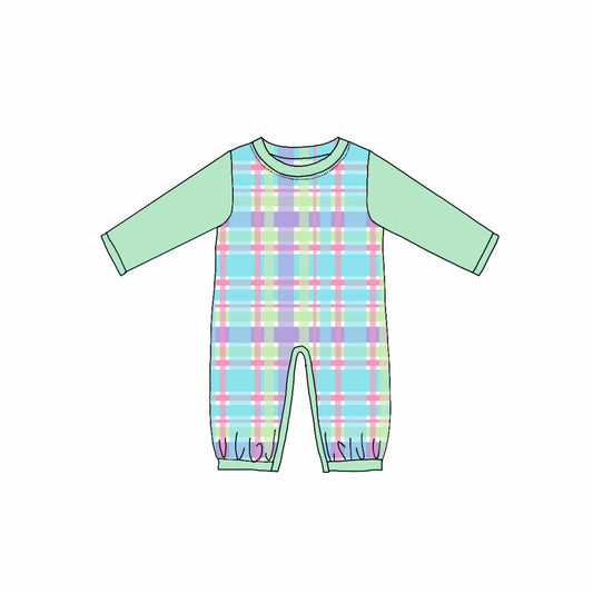 Custom Easter Colorful Checkered Long Sleeve Boys Romper