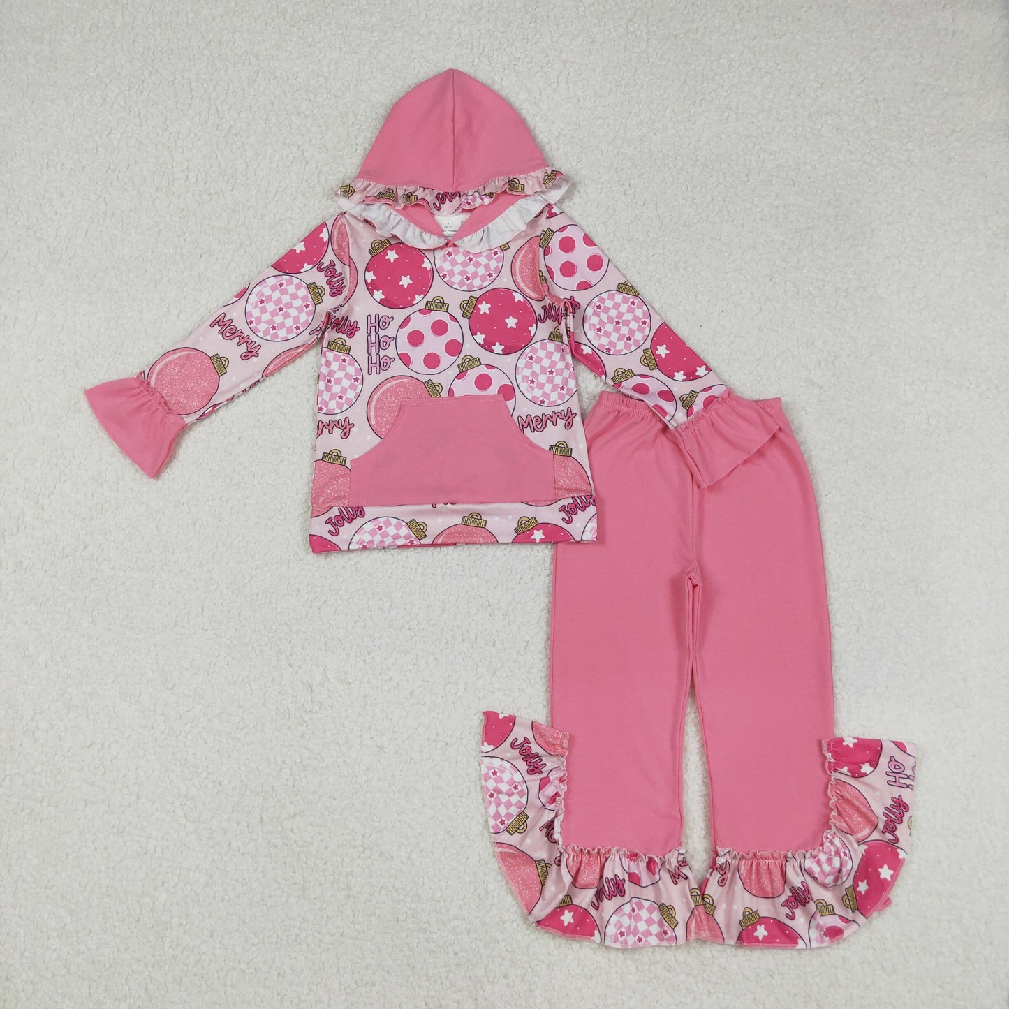 GLP2650 Christmas light jolly pink pocket hoodie long sleeve pink pants girls set