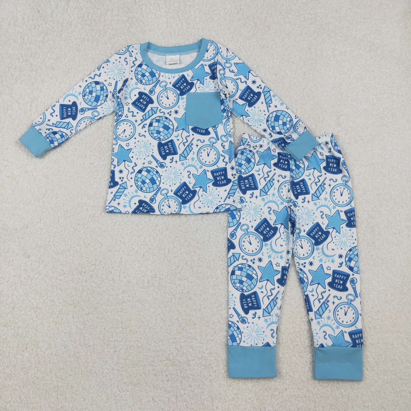 BLP1259 happy new year light clock star blue long sleeve pants boys pajamas