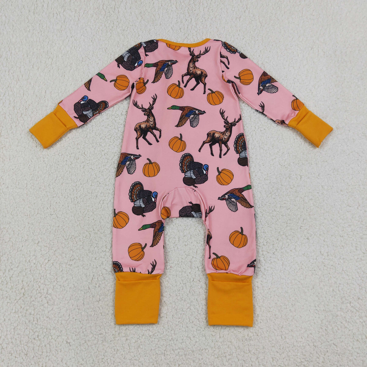 LR3252 Thanksgiving Turkey Pumpkin Zipper Long Sleeve Girls Romper