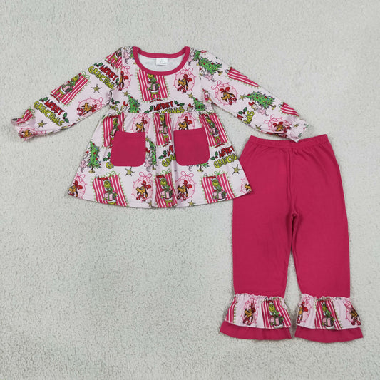 GLP3461 Christmas Green Face Pockets Long Sleeve Hot Pink Pants Girls Set