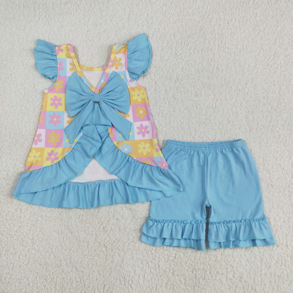 GSSO2623 colorful flowers checkered flutter sleeve blue shorts girls set