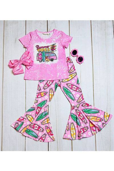 preorder GSPO1151 Summer Vibes Bus Dog Surfboard Short Sleeve Hot Pink Pants Girls Set