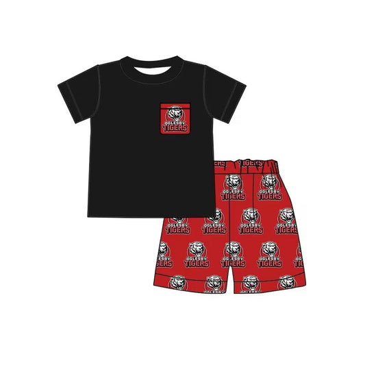 custom style football TIGERS pocket black short sleeve red shorts boys set