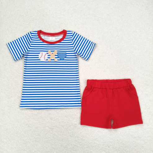 BSSO0844 embroidery Play Baseball Blue Striped Short Sleeve Red Shorts Boys Set