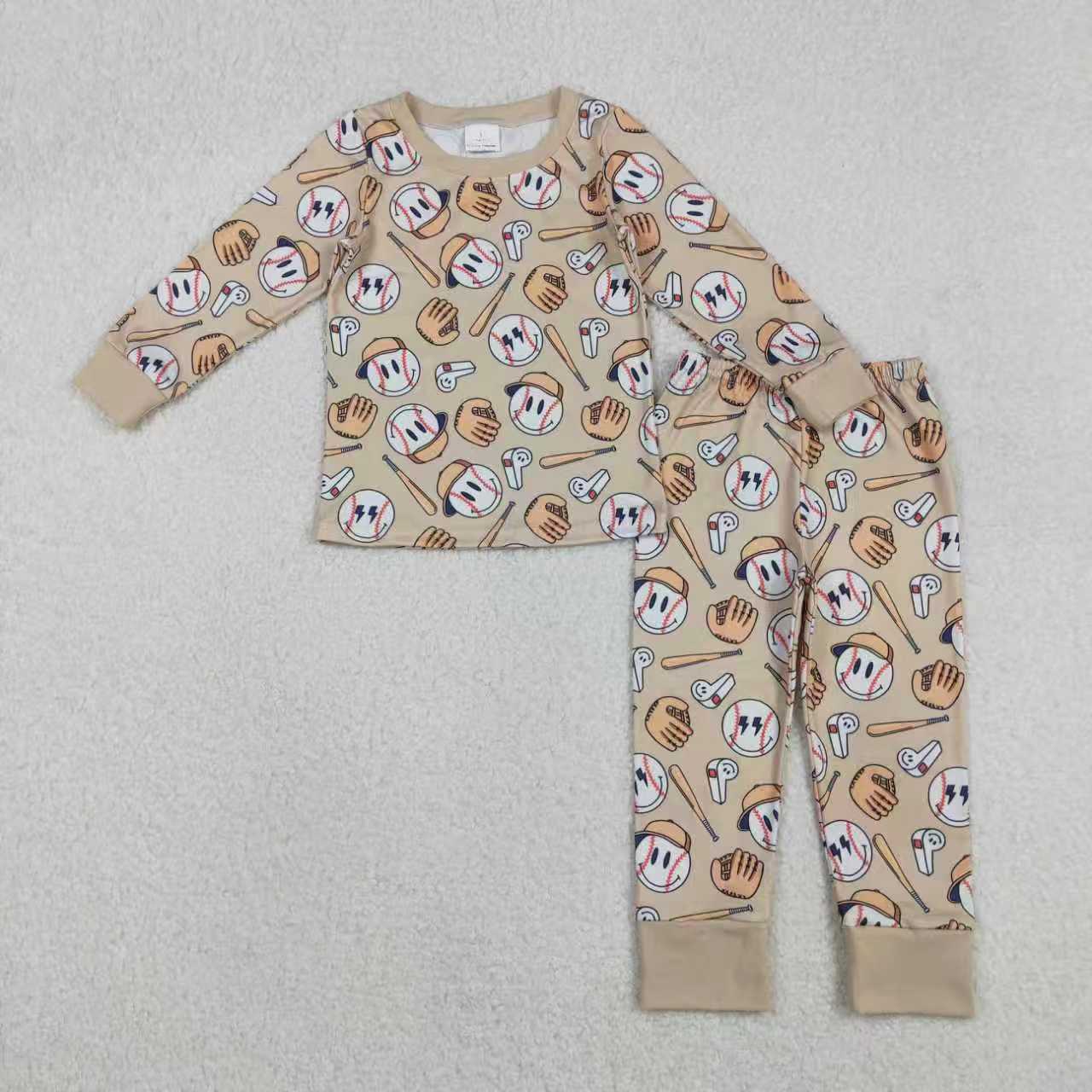 Smile Basseball Khaki Romper/Pajamas RTS Sibling Clothes