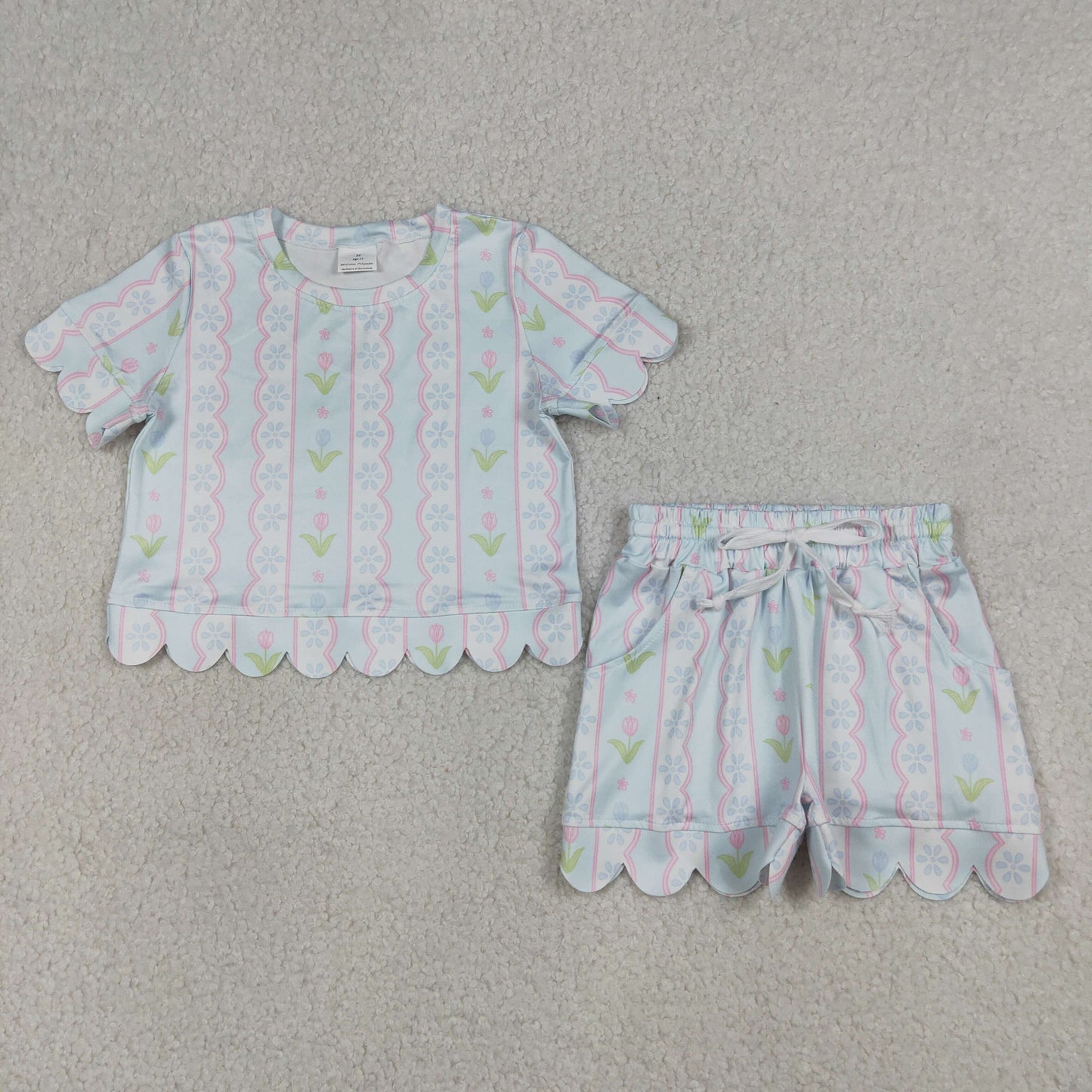 GSSO3412 Blue Flowers Short Sleeve Shorts Girls Set
