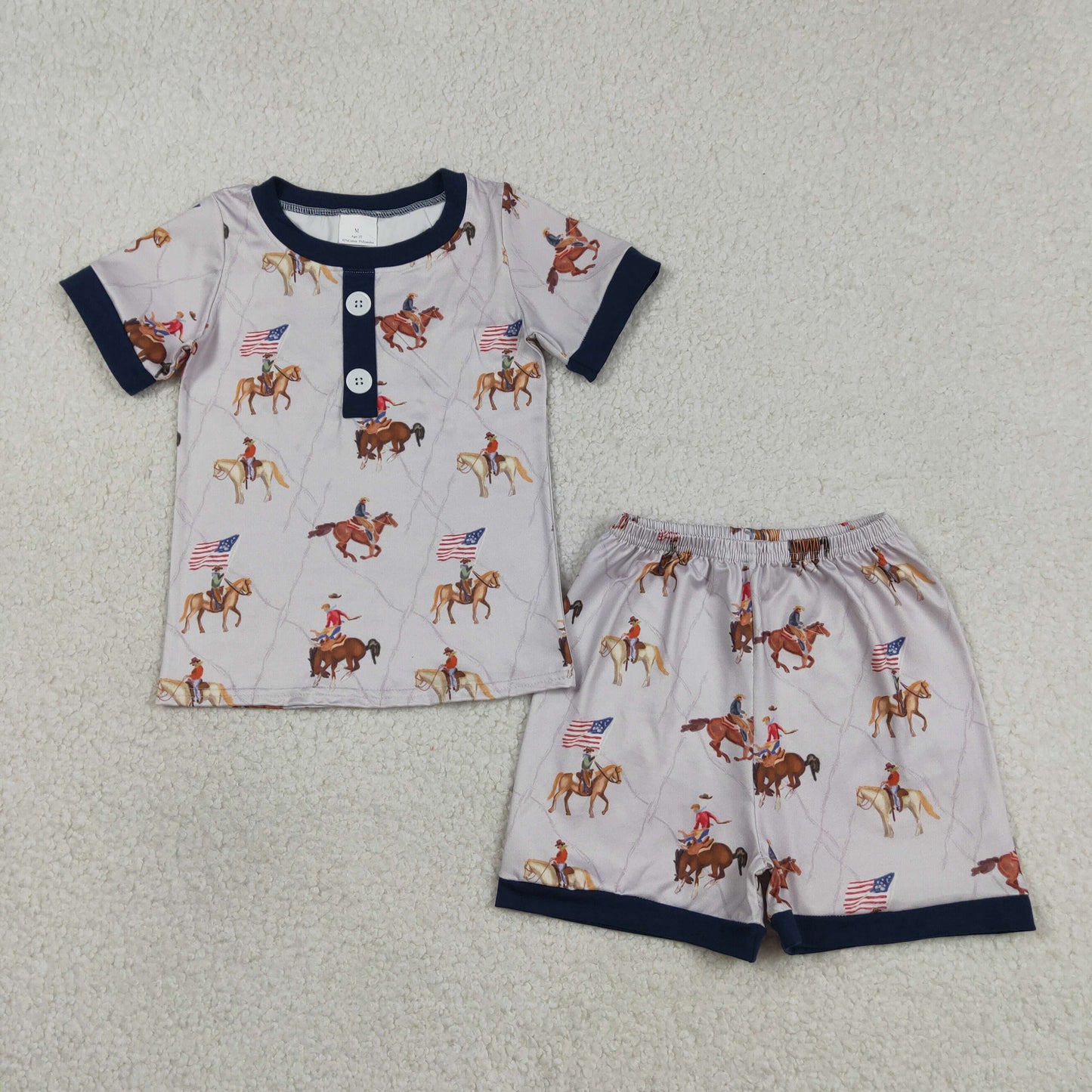 BSSO1497 Western July 4th flag rodeo grey navy blue short sleeve shorts boys set